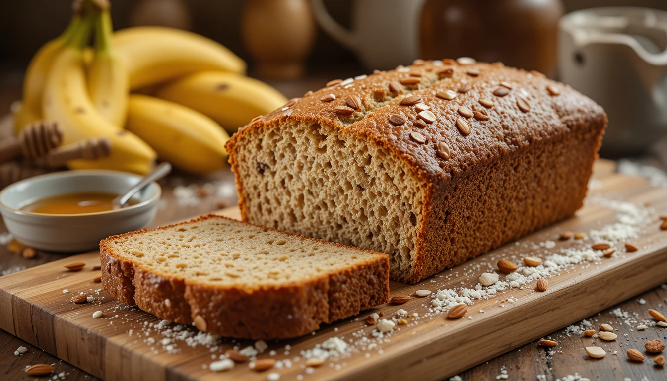 A sliced loaf of almond flour banana bread showing its moist interior.