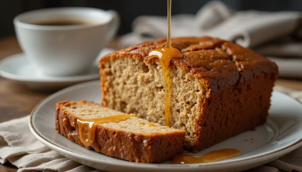 A fresh loaf of almost no fat banana bread with a golden crust and moist interior, sliced and ready to serve.