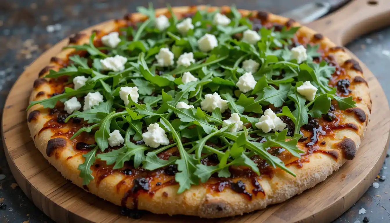 Arugula and goat cheese pizza with balsamic glaze on a wooden board