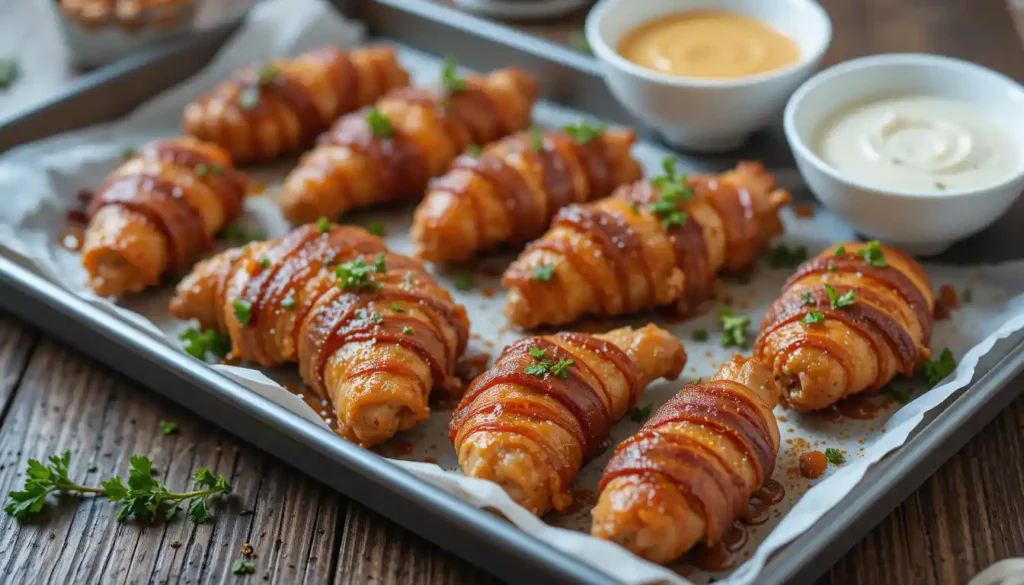 Bacon-wrapped chicken tenders on a baking tray coated in caramelized brown sugar glaze