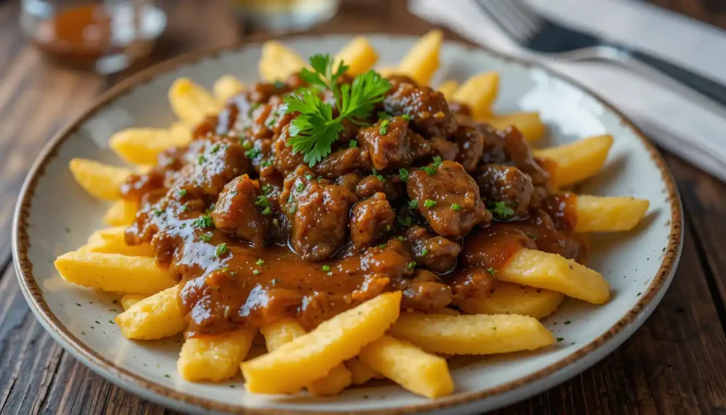 Plate of beef and onion gravy served over crispy fries, garnished with parsley