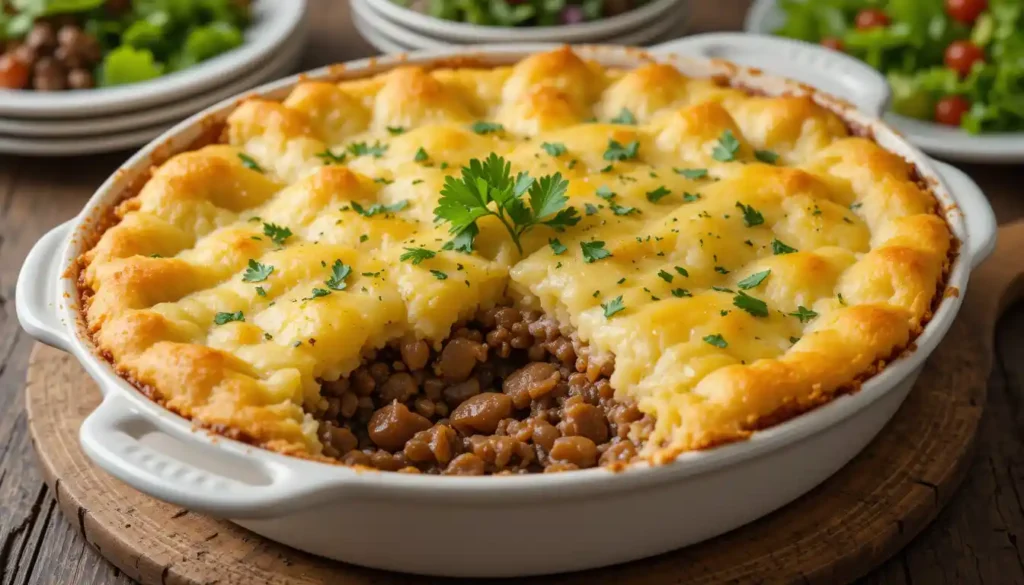 A baked Beef Shepherd's Pie with golden mashed potatoes, garnished with parsley, ready to serve on a rustic table.