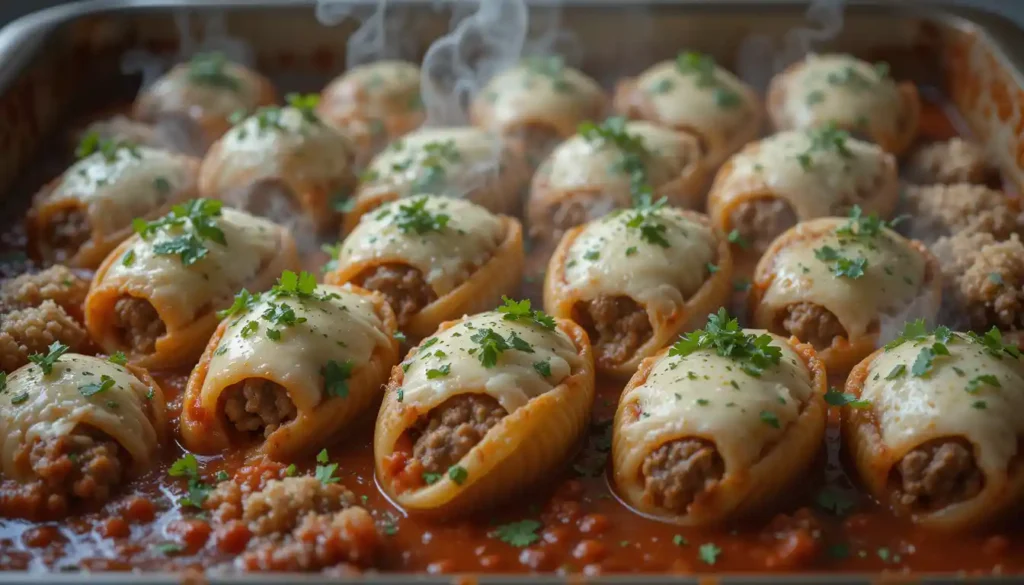 Beef stuffed shells topped with melted cheese in a baking dish