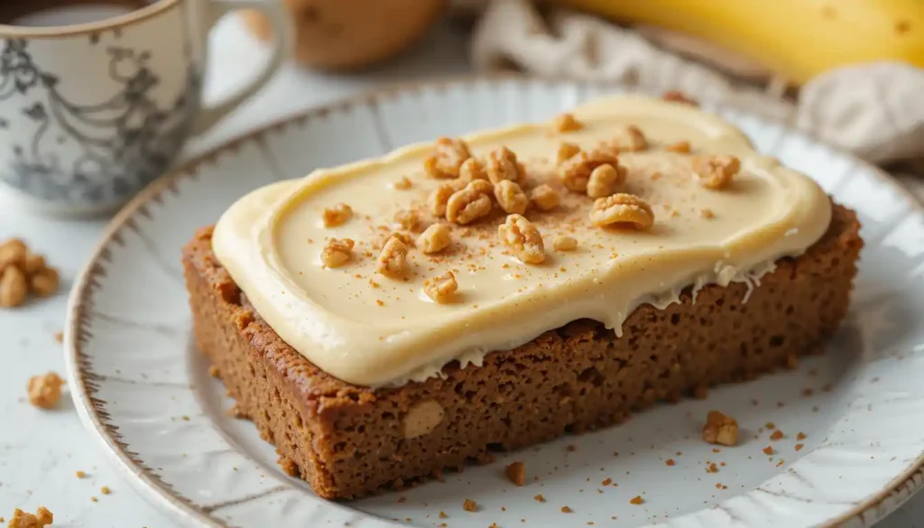 Banana bread bars topped with brown butter frosting, served on a plate with a drizzle of caramelized butter glaze.