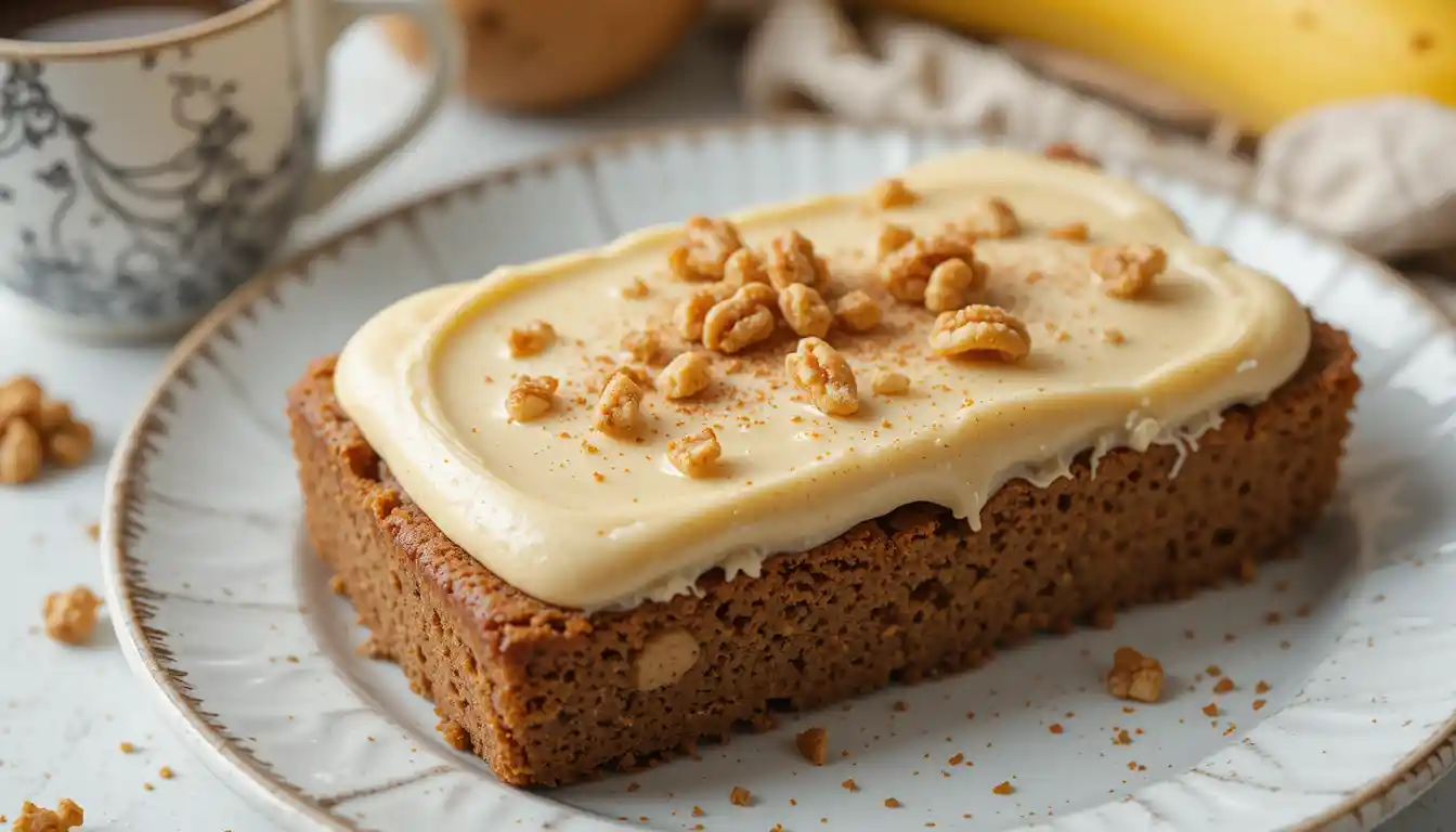 Banana bread bars topped with brown butter frosting, served on a plate with a drizzle of caramelized butter glaze.