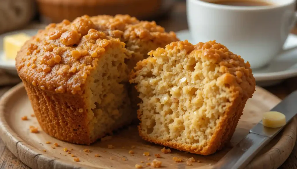 A batch of banana muffins with a golden crunchy topping, cooling on a wire rack.