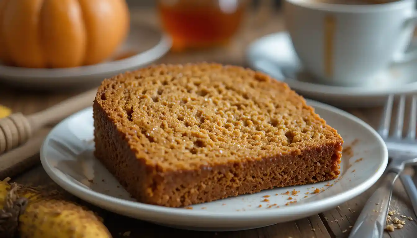 A fresh loaf of banana pumpkin bread with a golden crust and moist interior, served on a wooden cutting board.