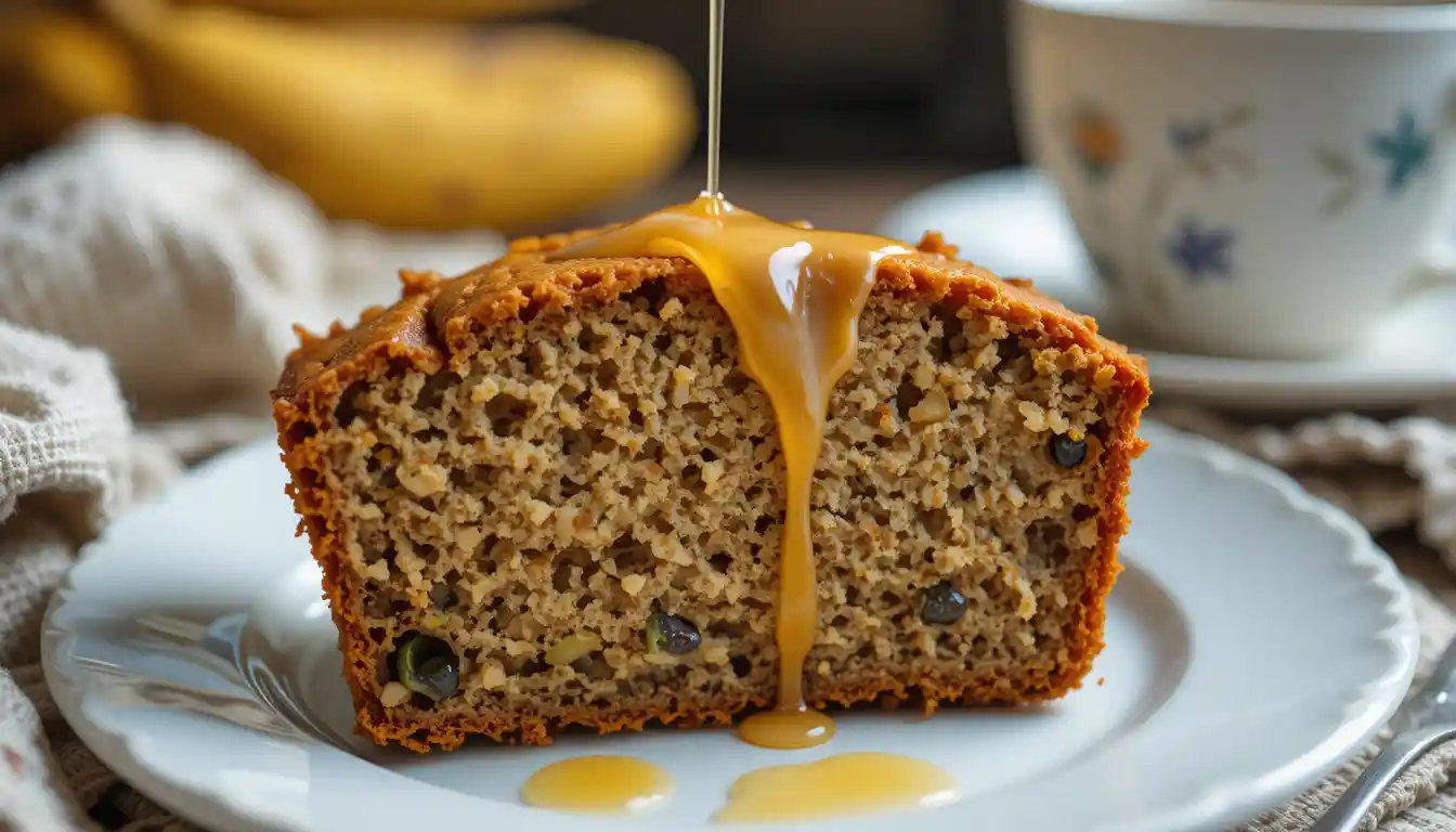 A loaf of banana zucchini bread with two slices cut, revealing a moist and tender texture.