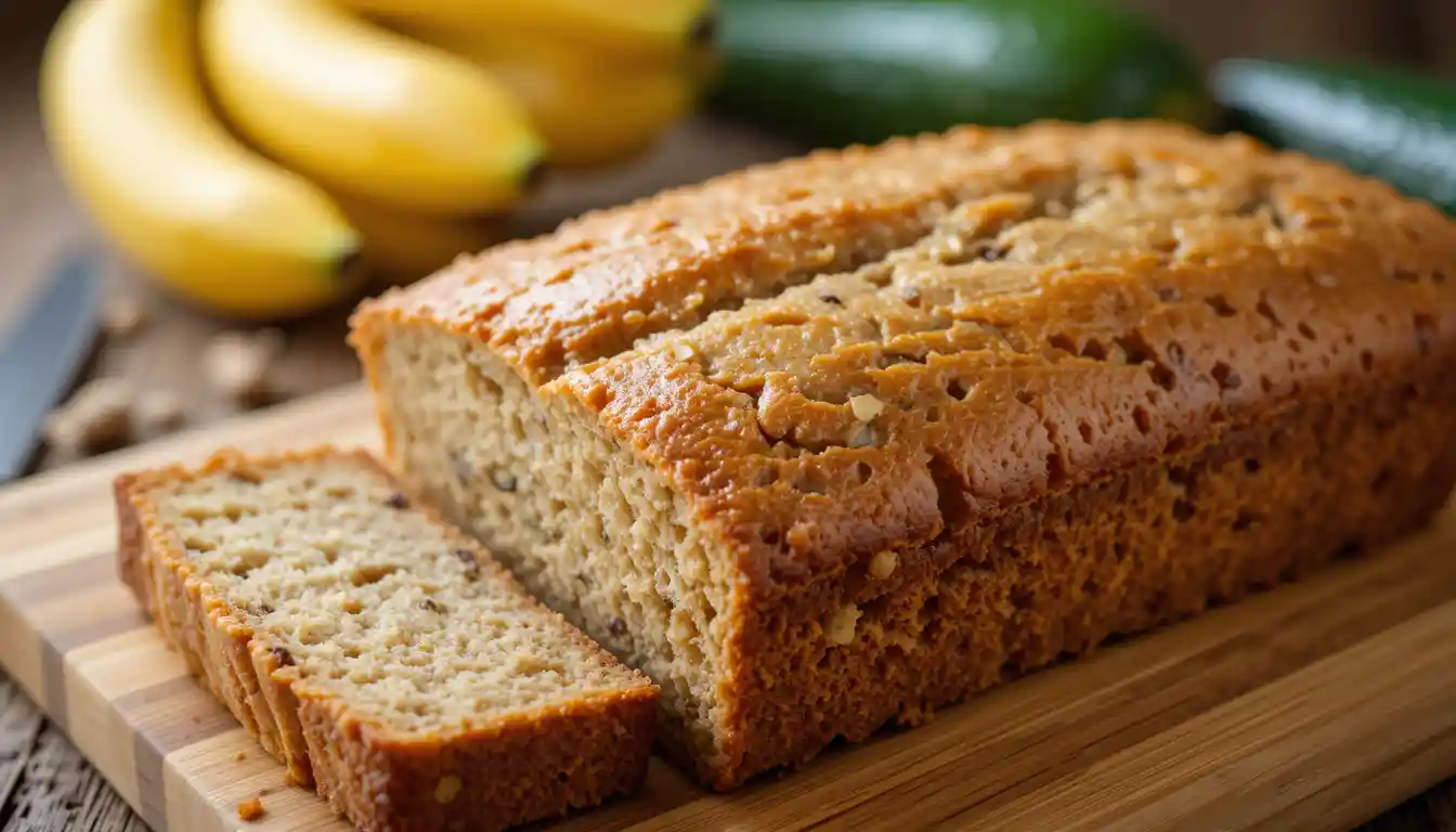 Freshly baked banana zucchini bread on a wooden cutting board