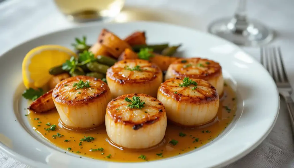 Golden-brown broiled scallops garnished with parsley on a serving plate.