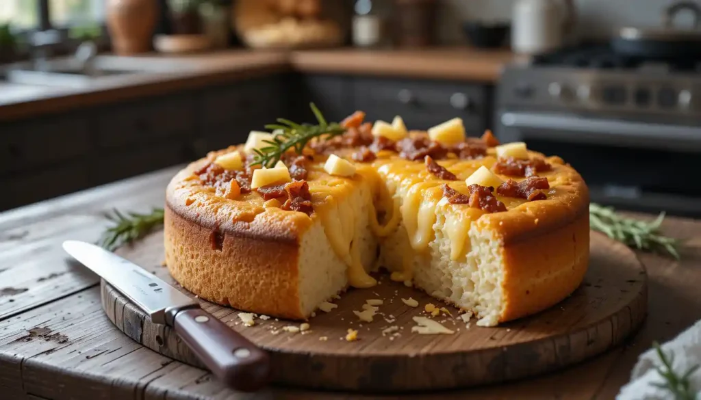 Golden Camembert Lardons Cake with crispy lardons and melted cheese