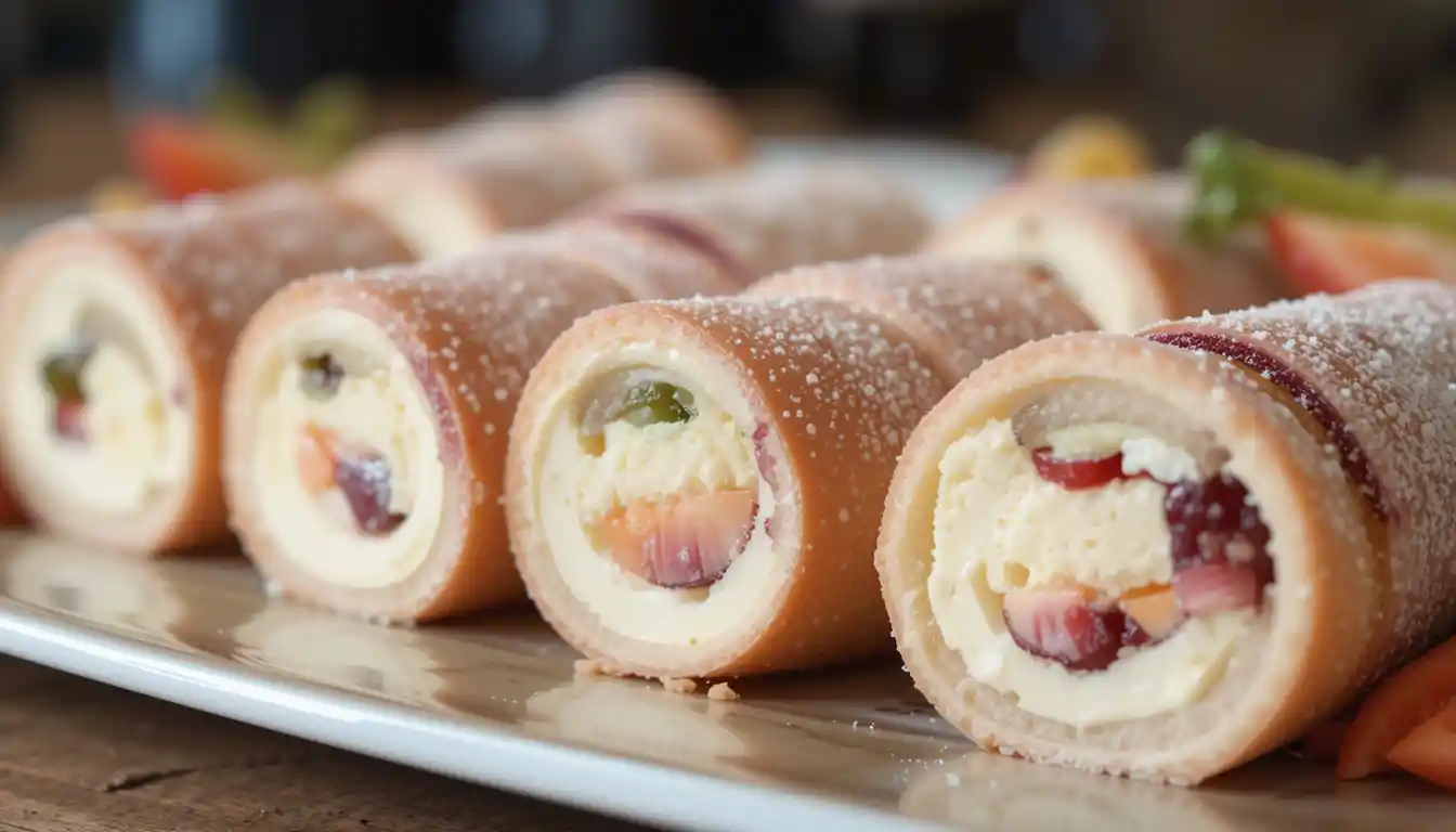 Cheesecake fruit salad roll-ups on a serving platter