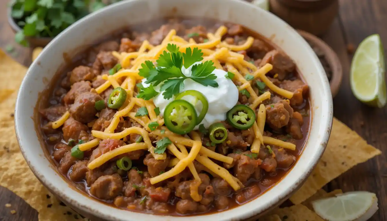 Bowl of cheesy enchilada chili topped with cheese, sour cream, and jalapeños