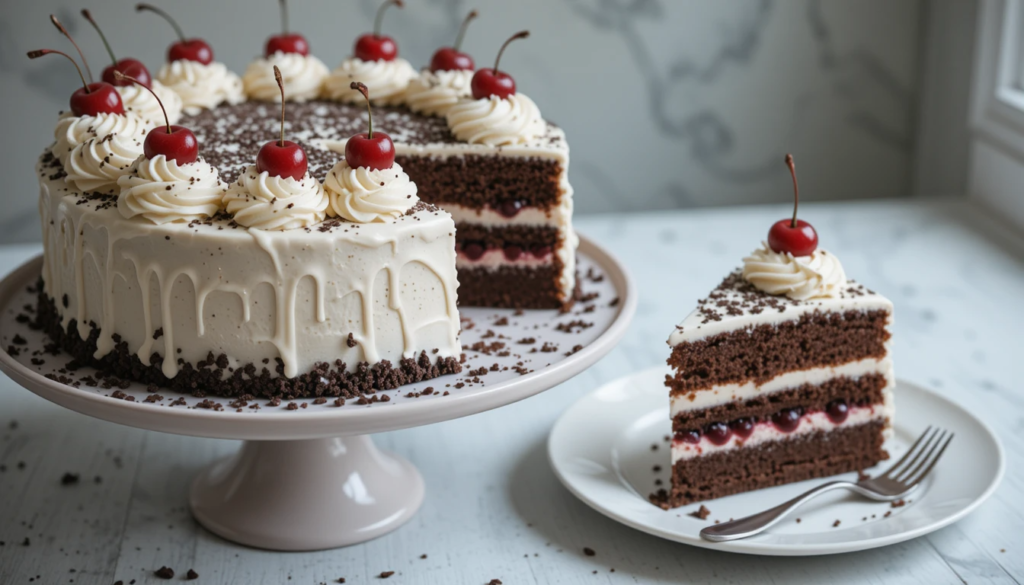 Ingredients for Cherry Chocolate Dream Cake, including cocoa, cherries, and chocolate.