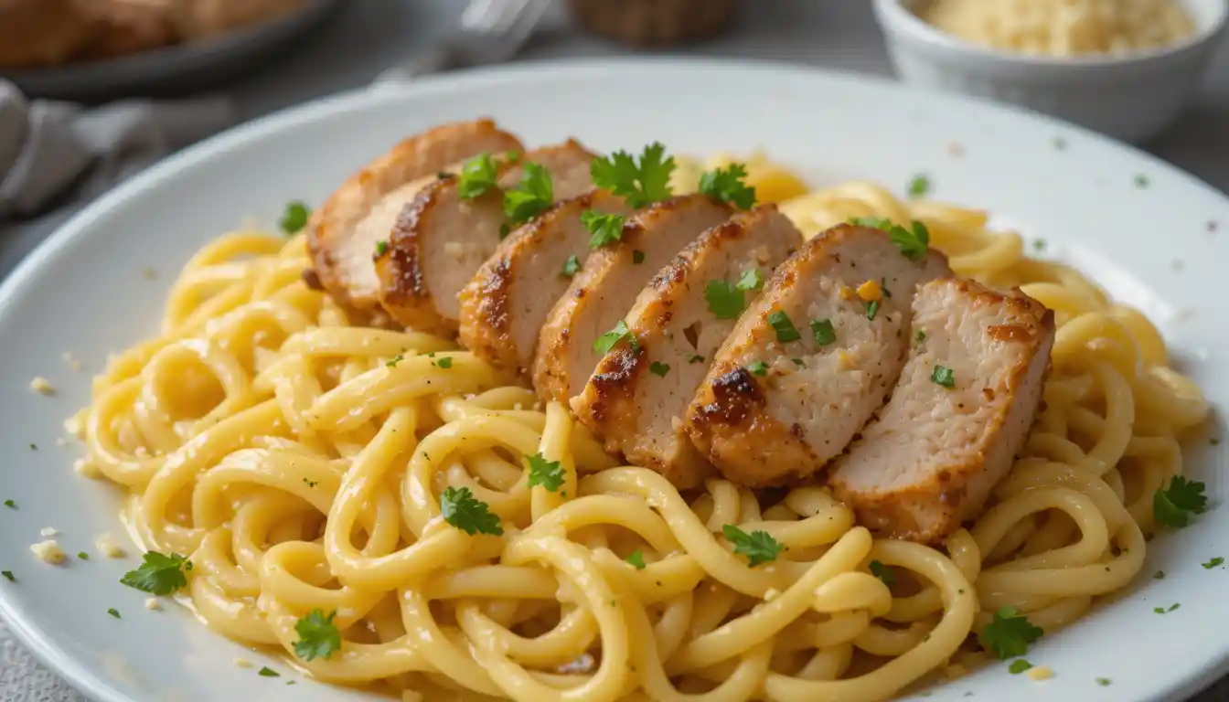 Plated chicken with buttered noodles garnished with parsley