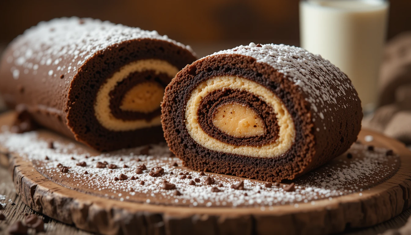 Chocolate peanut butter delight roll sliced to show spiral layers of cake and peanut butter filling.