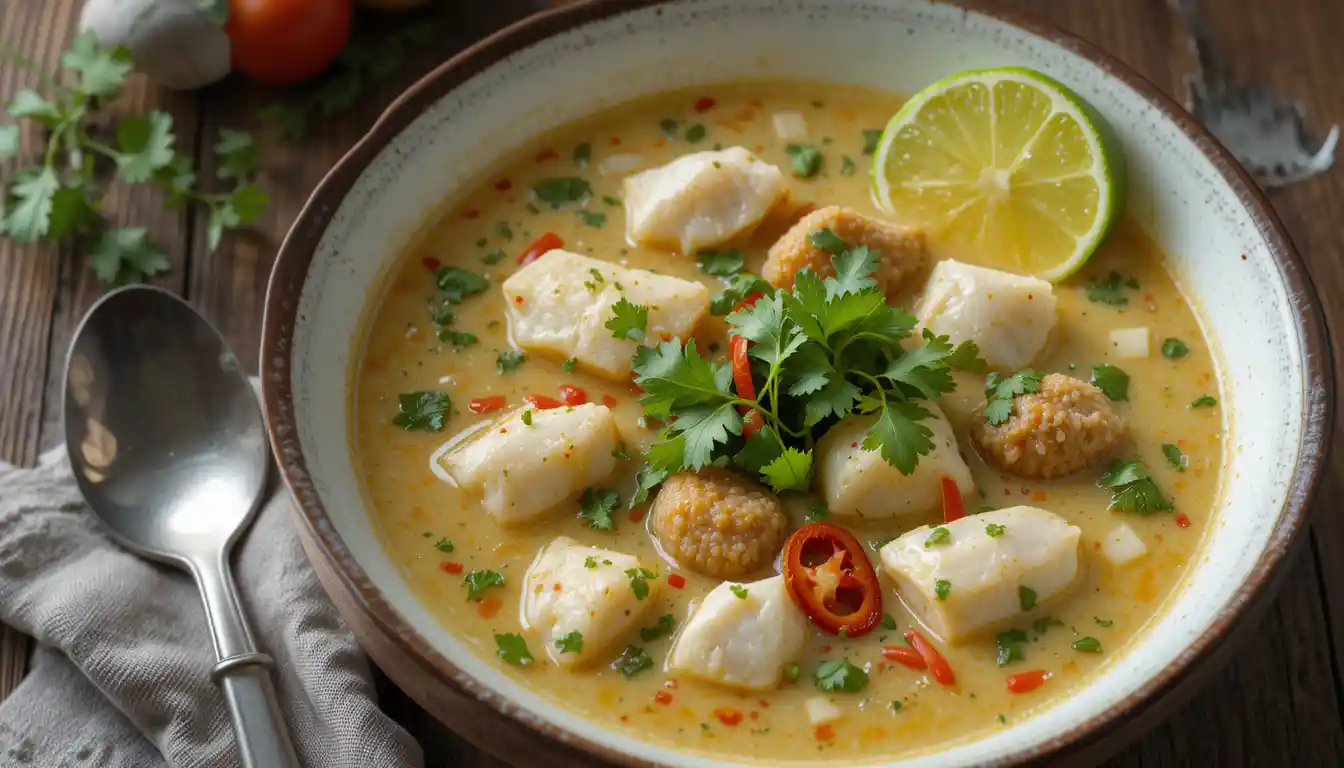 A pot simmering with Coconut Lime Fish Soup, filled with fish chunks, coconut milk, and cilantro.