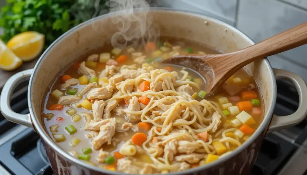 Simmering pot of Chicken Vermicelli Soup with broth, shredded chicken, and vegetables.