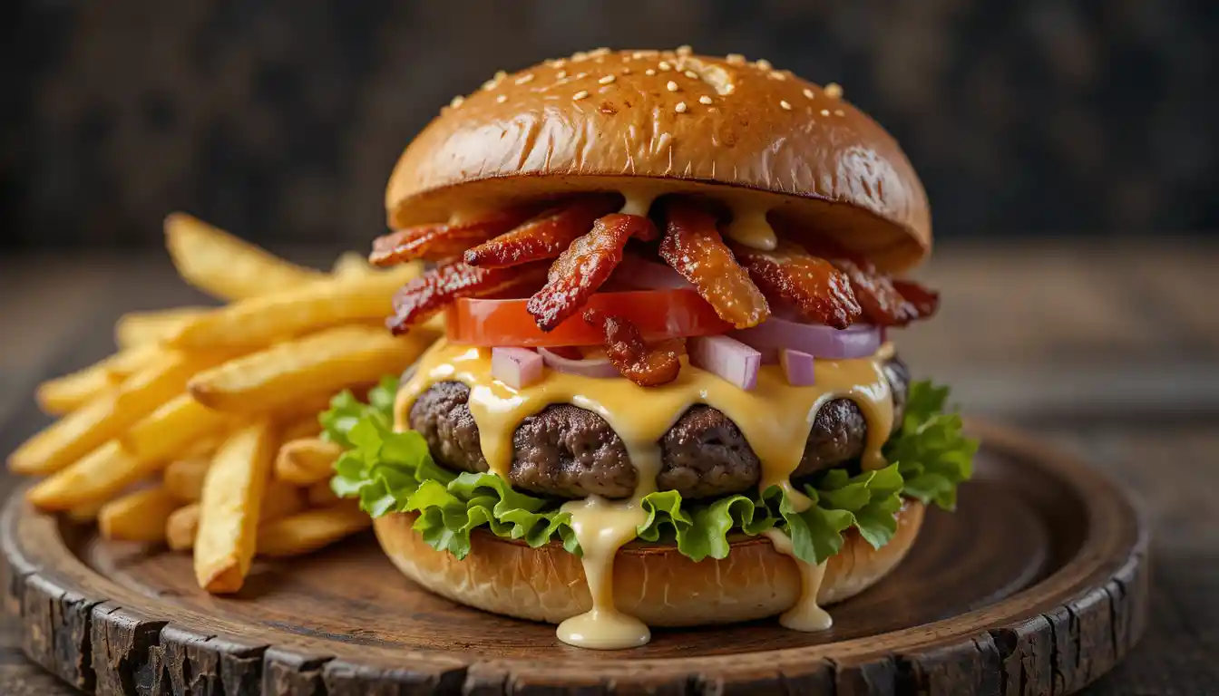 Juicy crack burger with bacon, cheese, lettuce, and tomato on a toasted bun