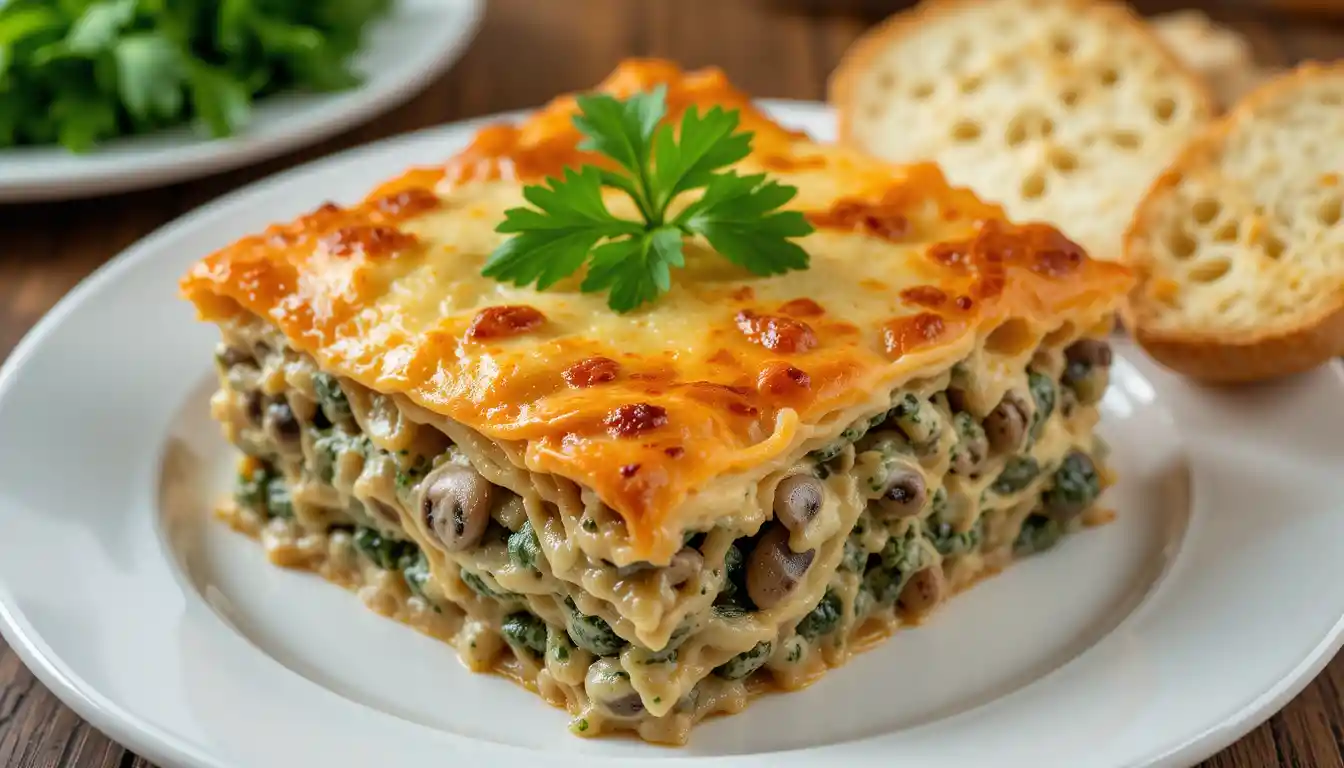 Golden-brown Creamy Mushroom and Spinach Lasagna served with garlic bread on a white plate, garnished with parsley.