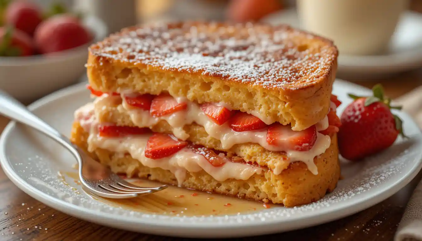 Creamy strawberry cheesecake stuffed French toast with fresh strawberries and syrup