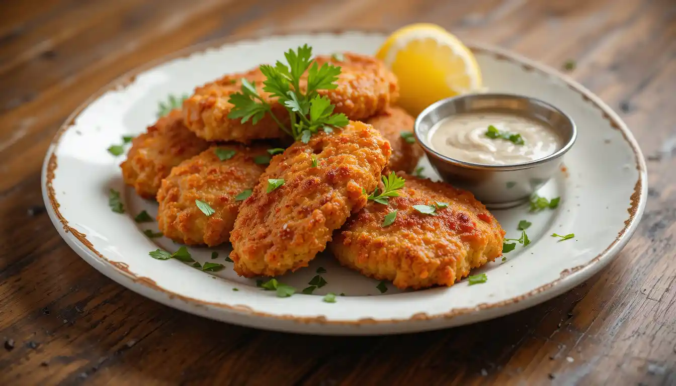 Crispy chicken cutlets garnished with parsley and served with lemon wedges