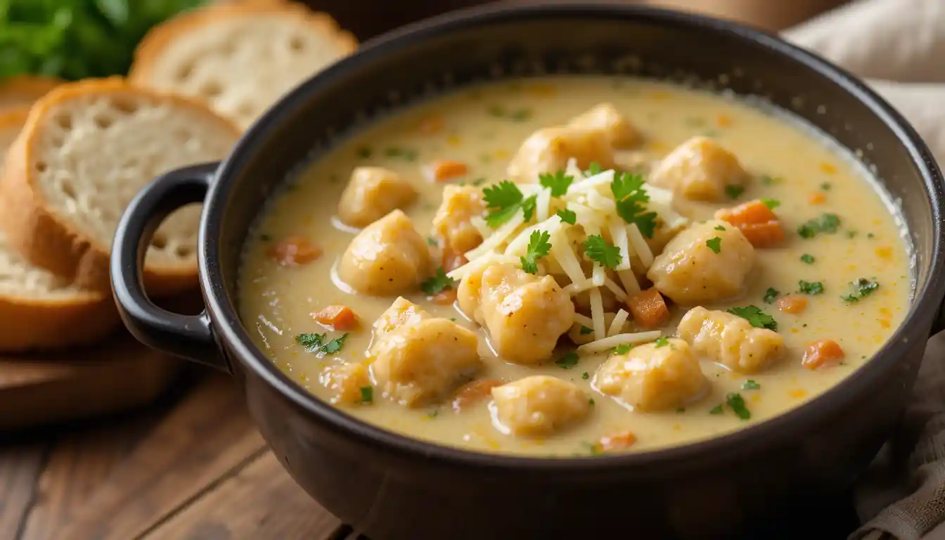 A bowl of Crock Pot Creamy Chicken Parmesan Soup garnished with parsley and Parmesan cheese, served with crusty bread.