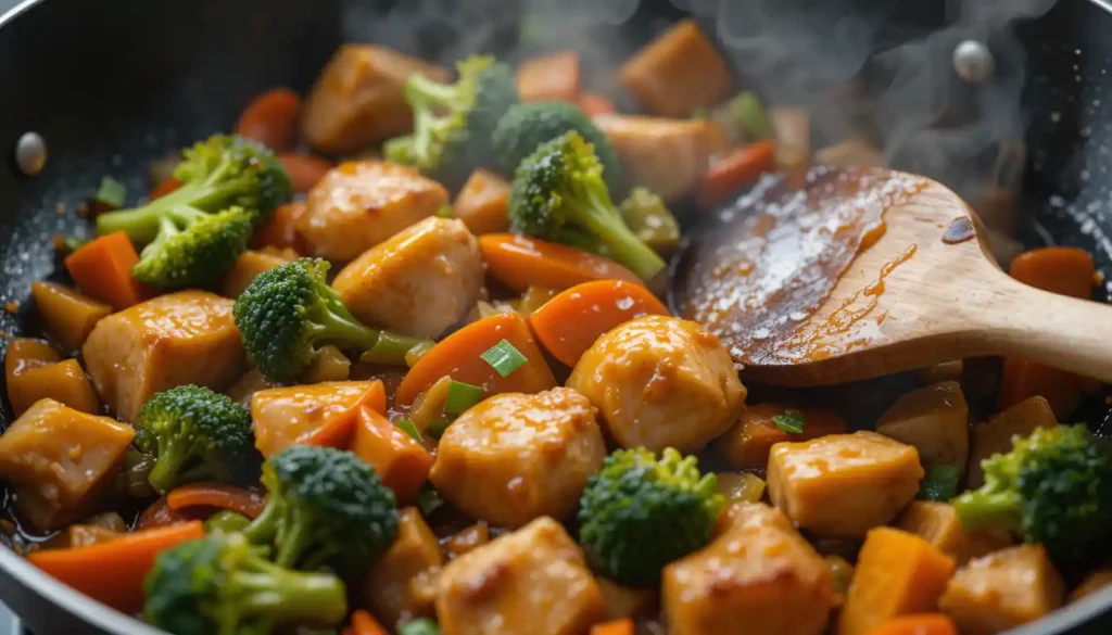 Fresh ingredients for Chicken Honey Nut Stir Fry, including chicken, bell peppers, broccoli, carrots, honey, and nuts on a counter.