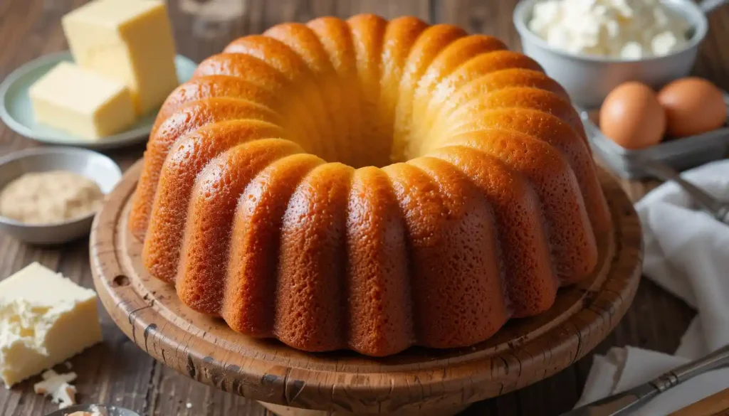 Alt Text: Golden brown Cream Cheese Pound Cake on a wooden stand