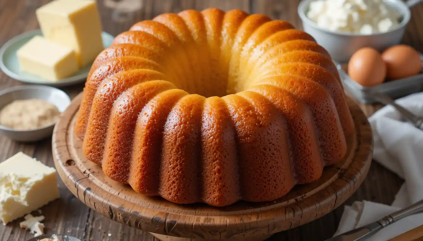 Alt Text: Golden brown Cream Cheese Pound Cake on a wooden stand