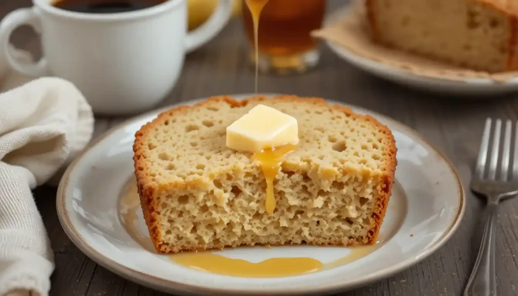 A loaf of creamy banana bread with one slice cut, showing a soft and moist texture.