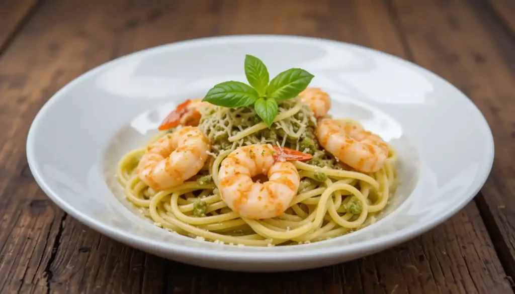 Creamy pesto shrimp served over pasta with fresh basil