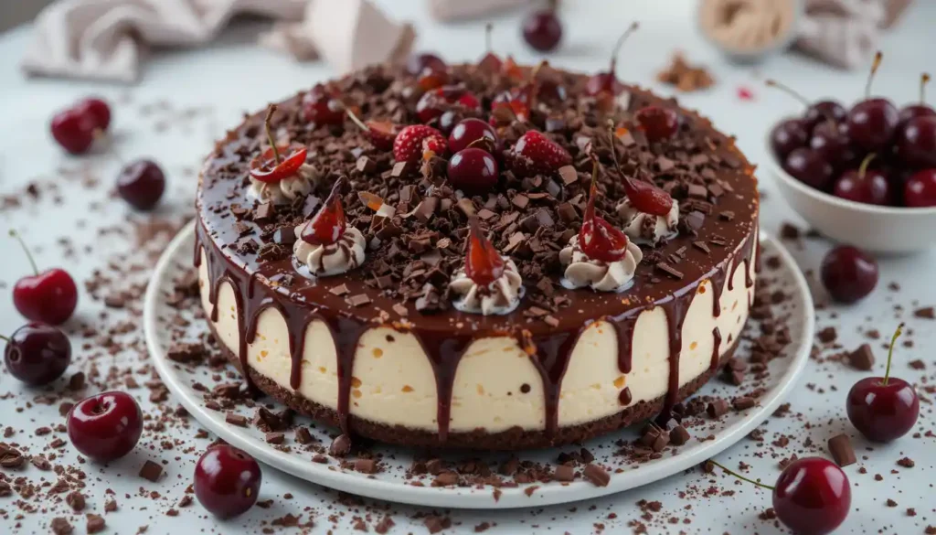 Black Forest cheesecake on a festive dessert table with cherries