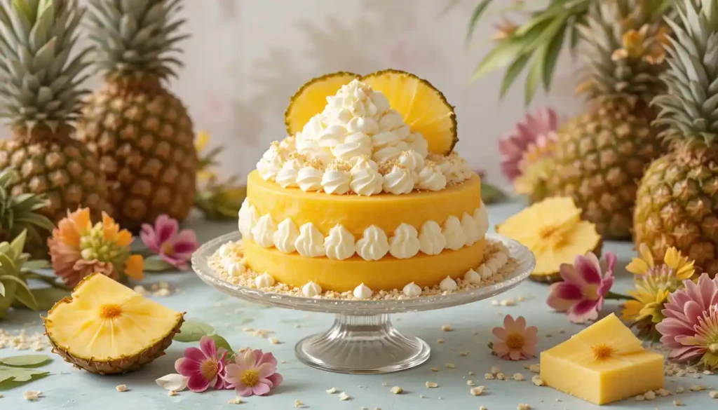 A slice of pineapple dream dessert with layers of crust, cream, and pineapple topping