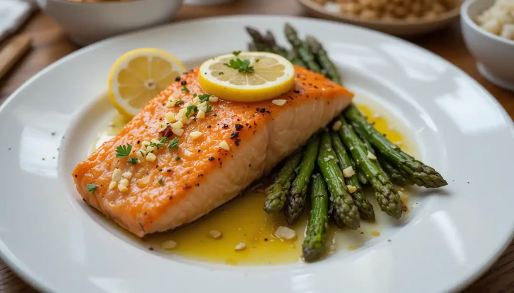 Plated salmon filet with lemon and roasted asparagus