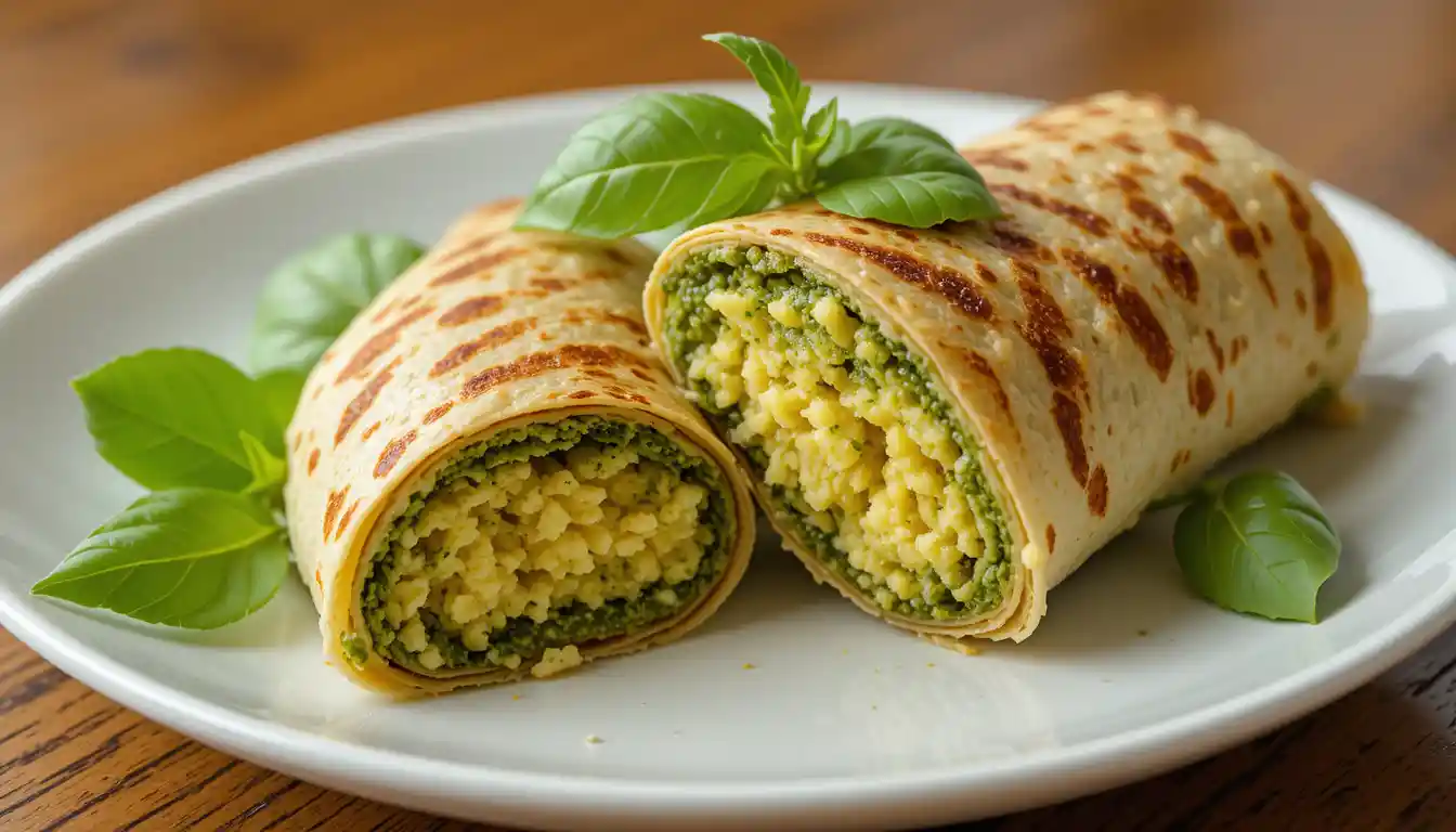 Egg pesto breakfast wrap sliced to show eggs and pesto