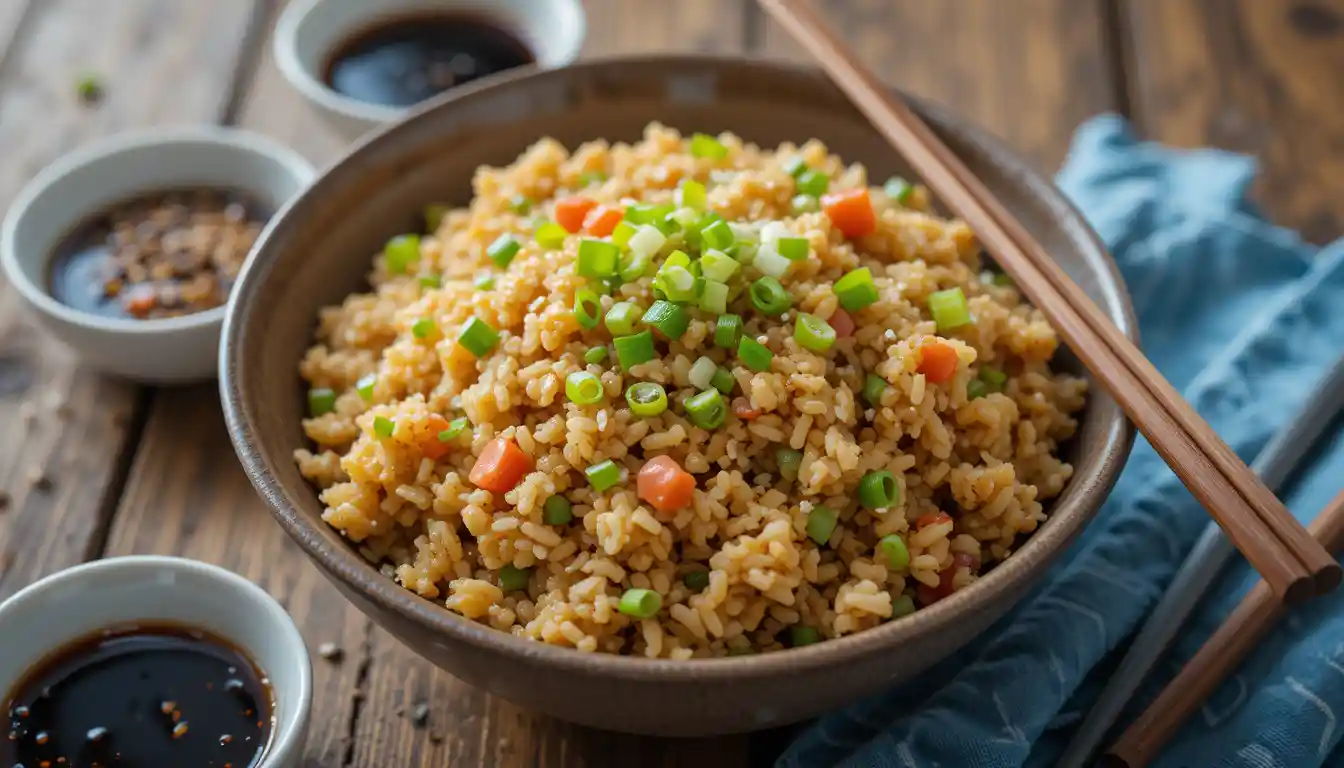 A bowl of Fried Rice with Veggies garnished with green onions and sesame seeds, served on a rustic wooden table with chopsticks.