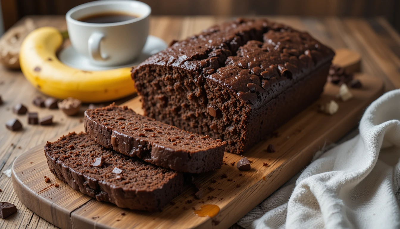 Ingredients for a chocolate and banana loaf, including bananas, cocoa powder, flour, and butter.