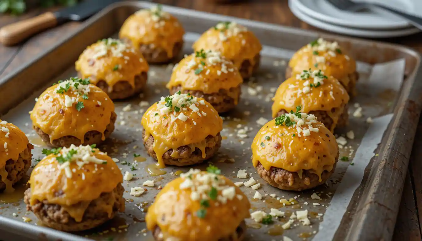 Golden garlic Parmesan cheeseburger bombs with parsley and Parmesan topping