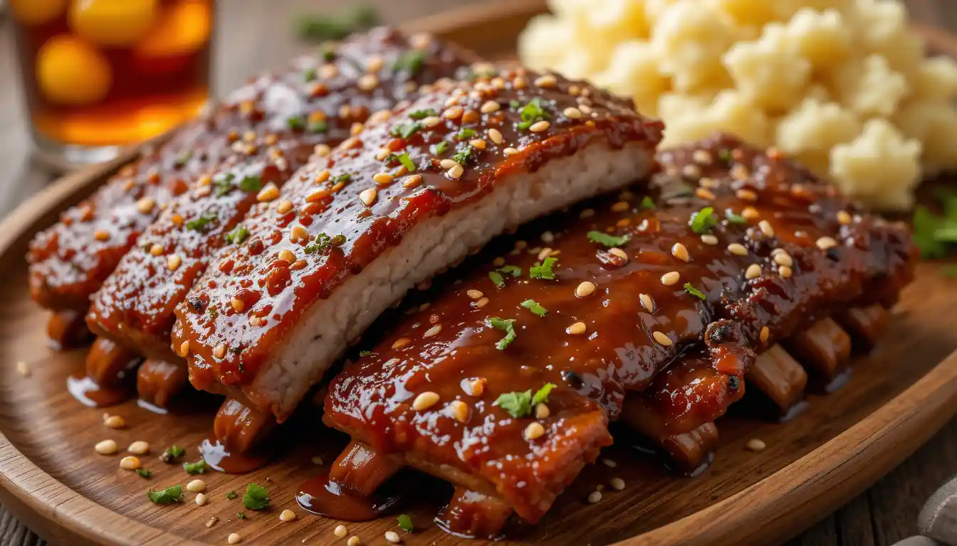 Honey garlic ribs glazed with caramelized sauce and garnished with parsley and sesame seeds