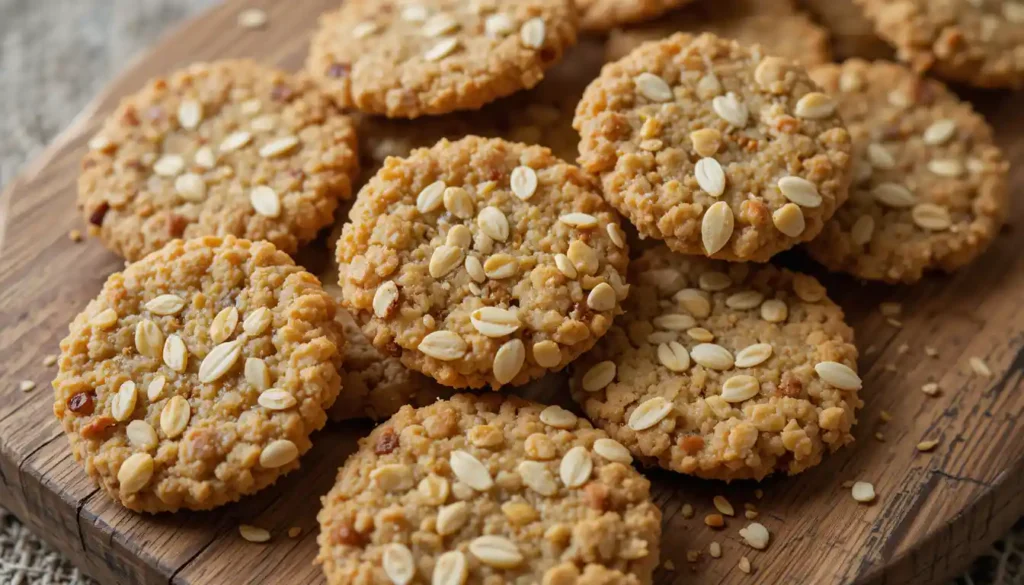 Golden honey oatmeal seed crackers on a wooden board