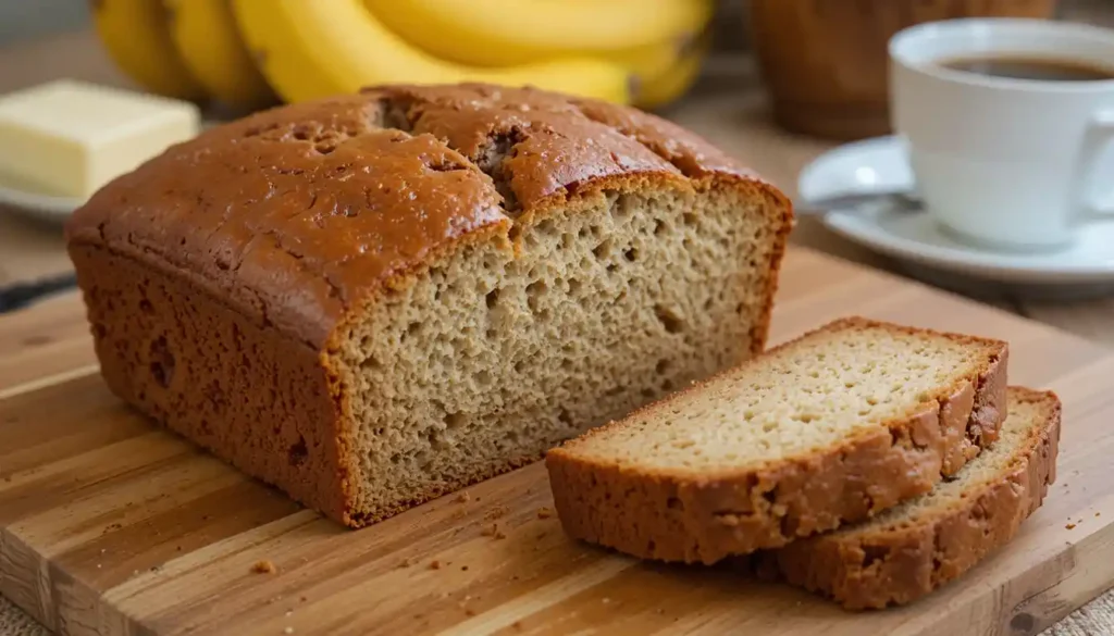 A loaf of Janet’s Rich Banana Bread with two slices cut, revealing a moist and soft texture.