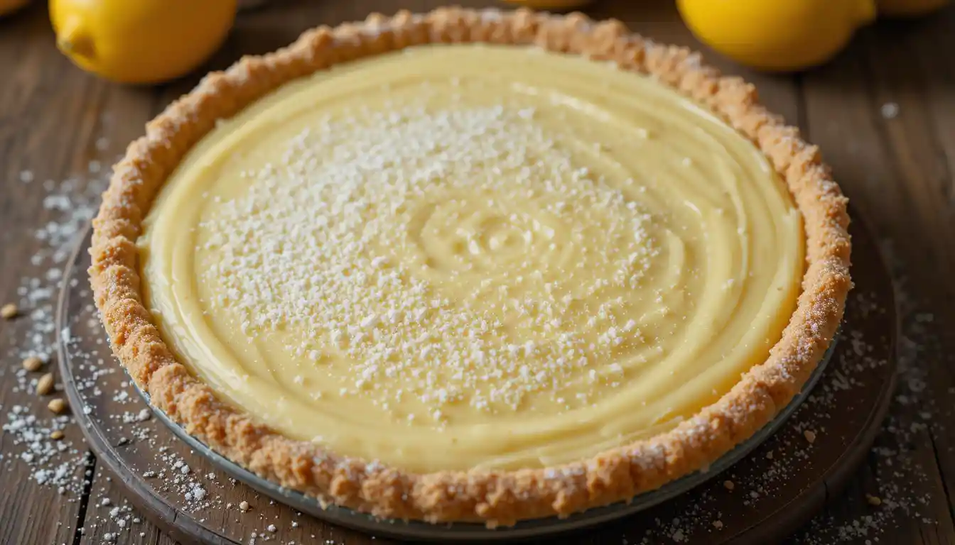 Lemon Sugar Cream Pie with golden crust and sugar topping