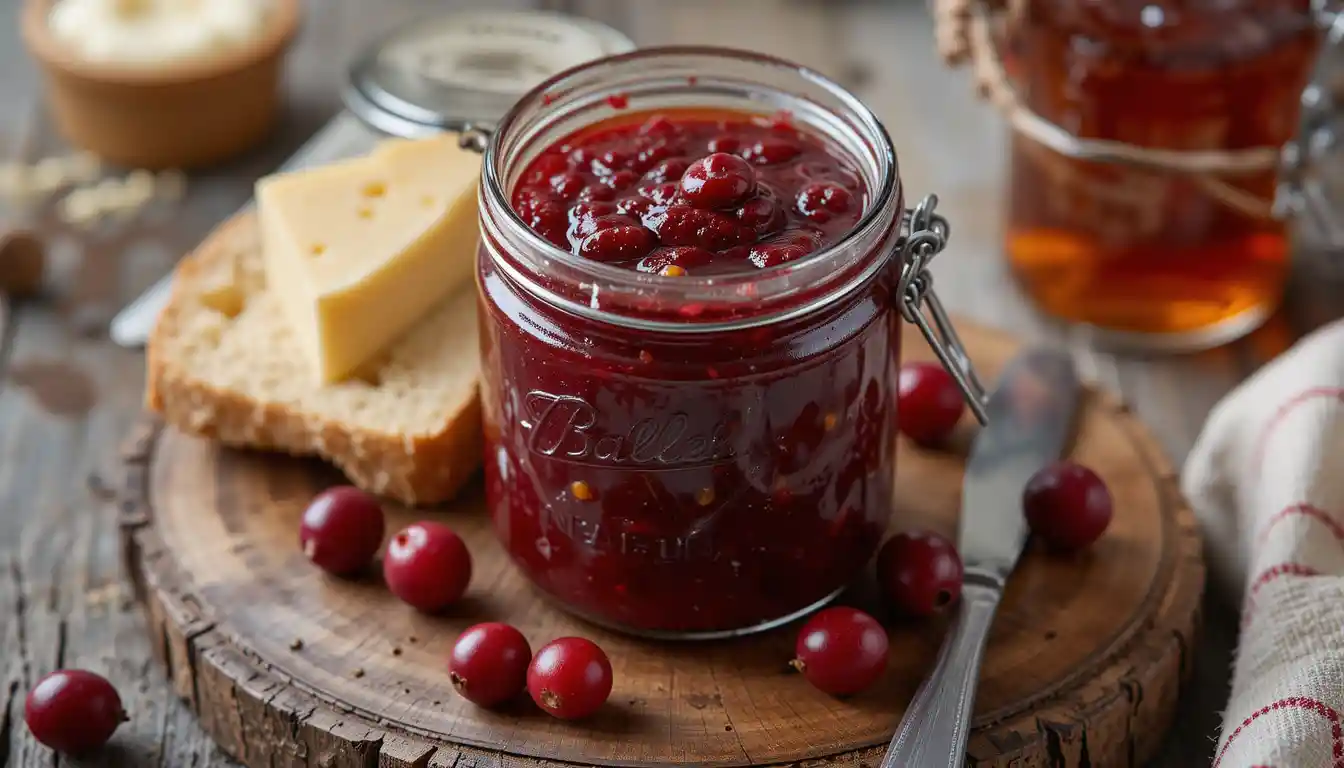 Jar of Maple Cranberry Butter with fresh cranberries and maple syrup