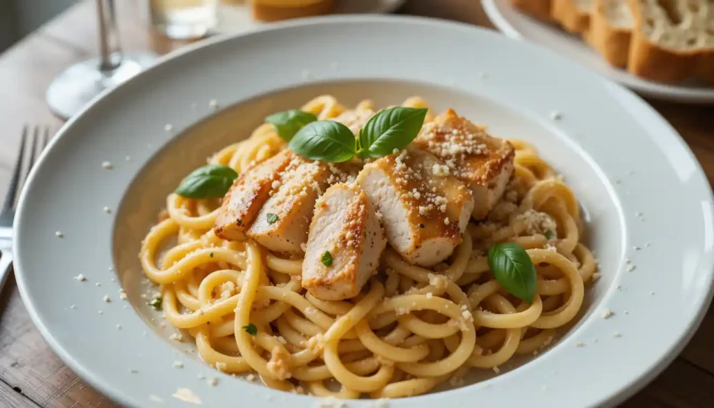 Chicken breasts searing in a skillet with creamy sauce, sun-dried tomatoes, and melted Parmesan cheese.