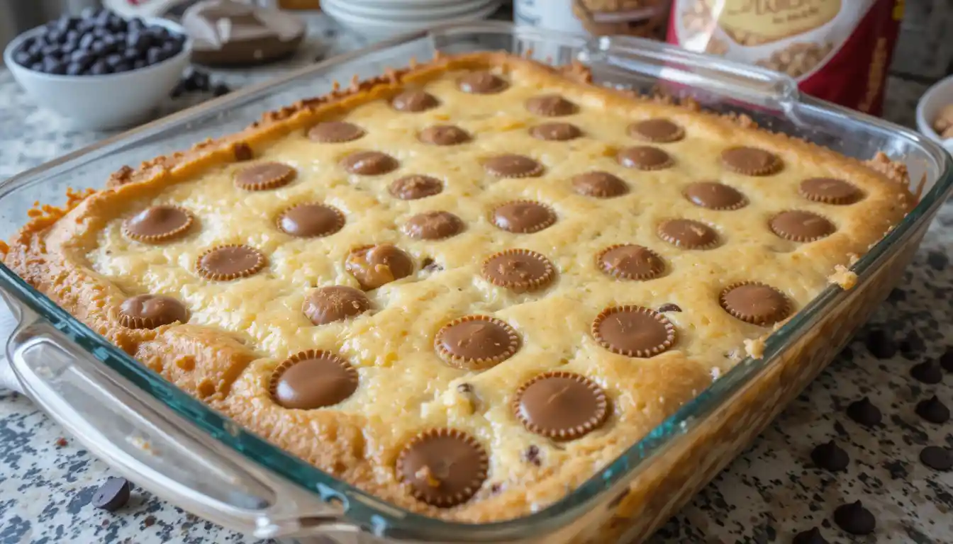 Peanut butter cup dump cake in a glass baking dish