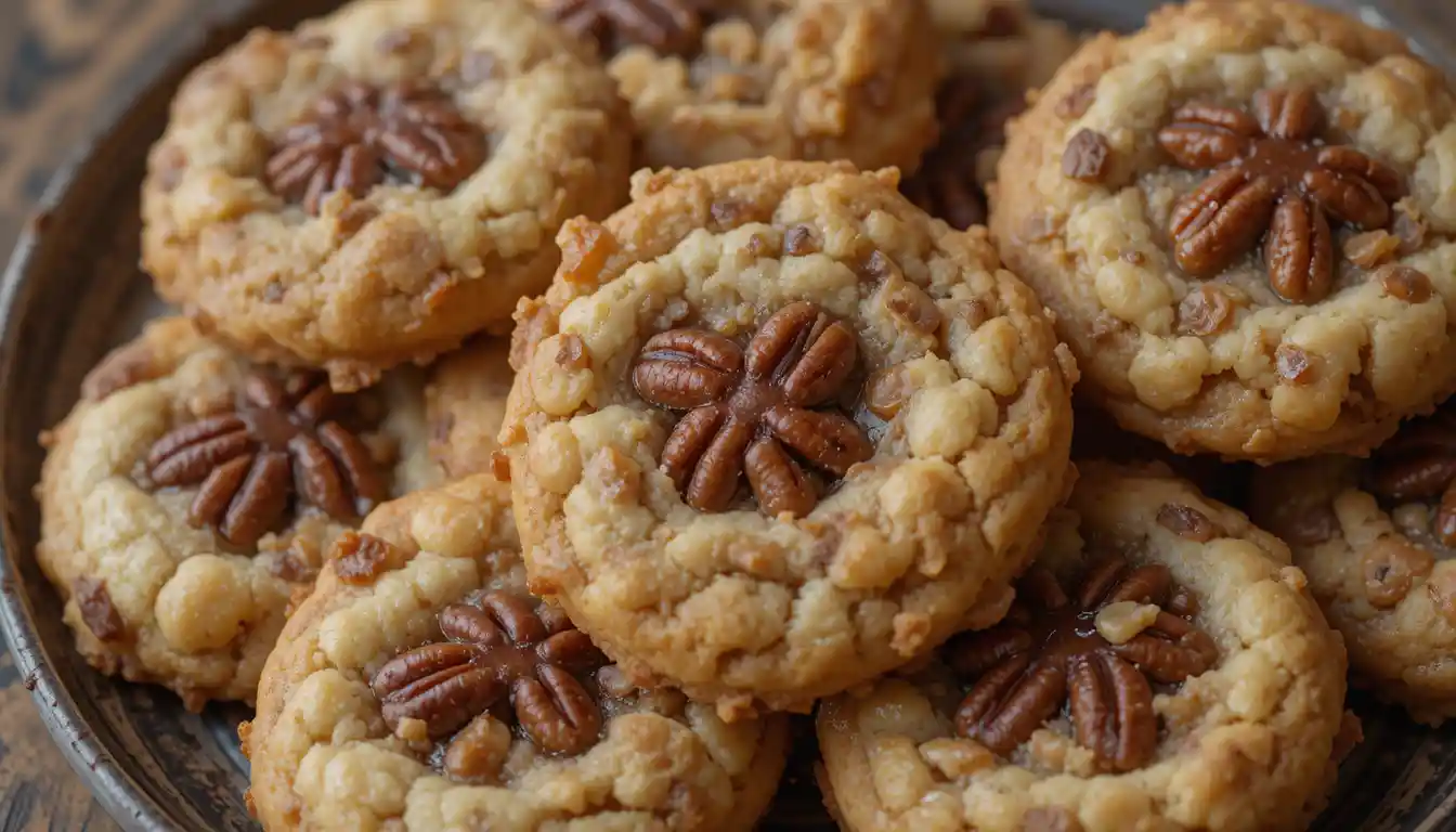 Pecan pie cookies on a rustic plate with caramelized edges