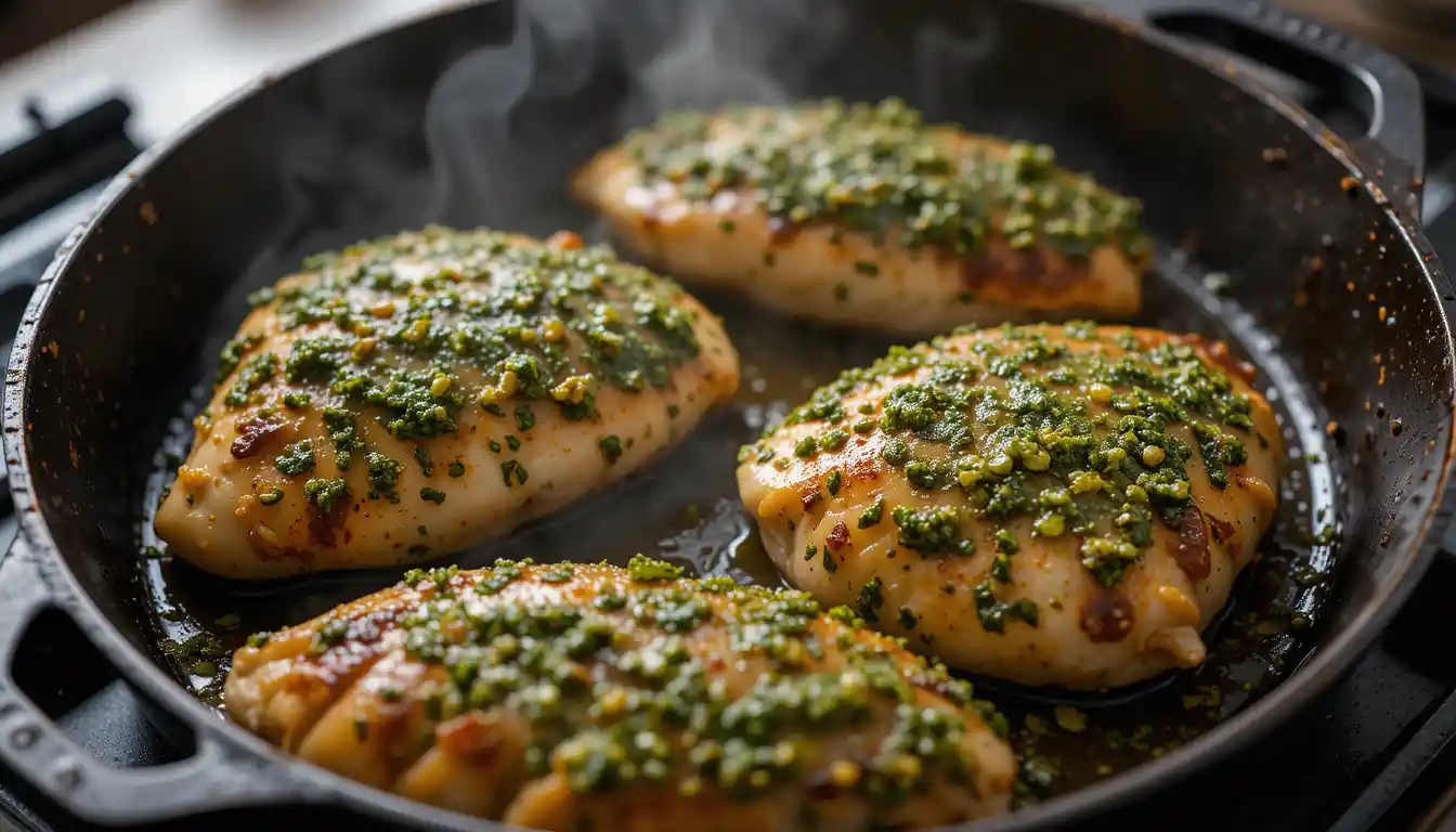 Ingredients for pesto chicken including chicken breasts, basil, Parmesan, garlic, olive oil, and pine nuts.