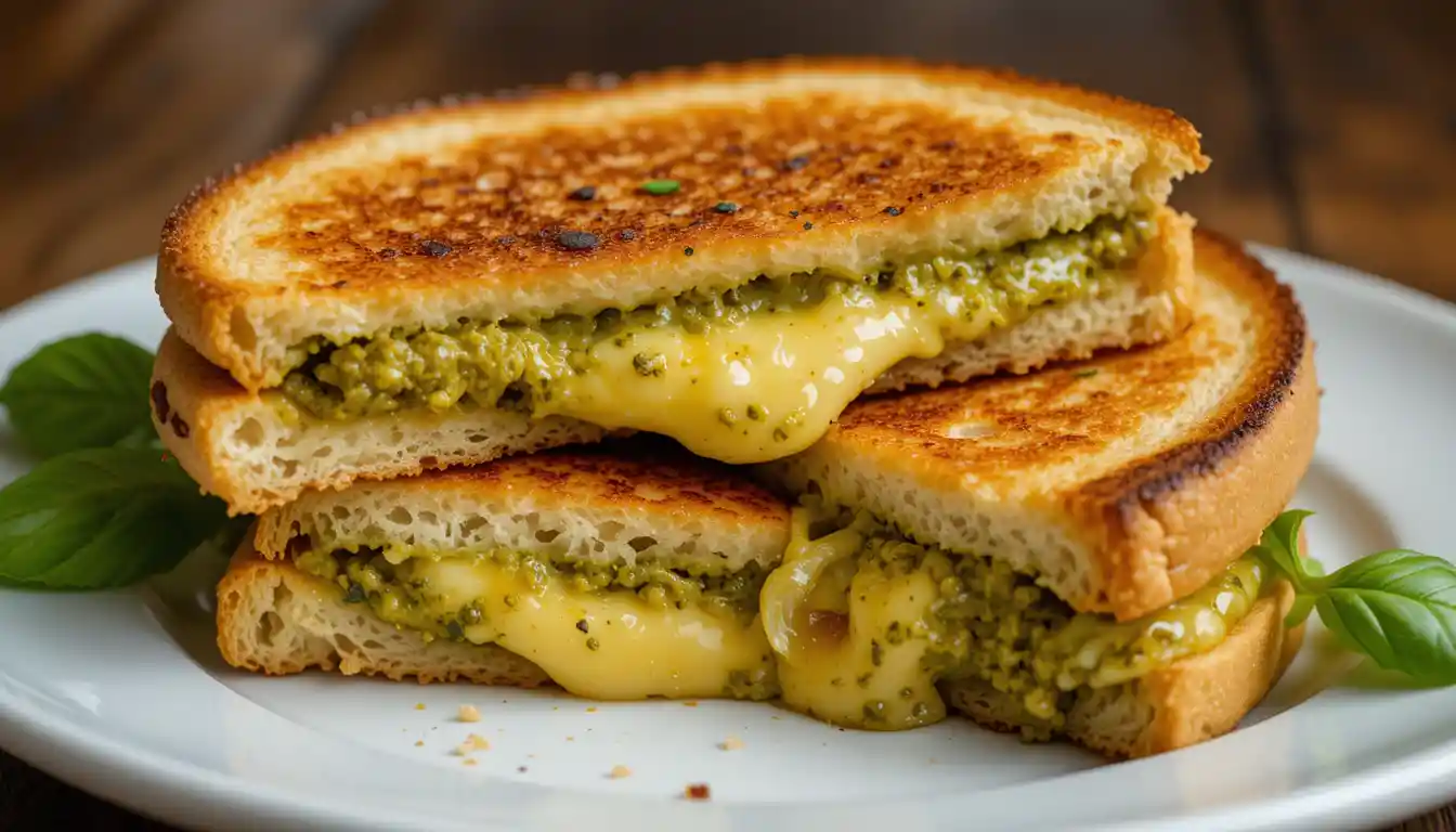 Pesto grilled cheese sandwich with melted cheese and fresh basil