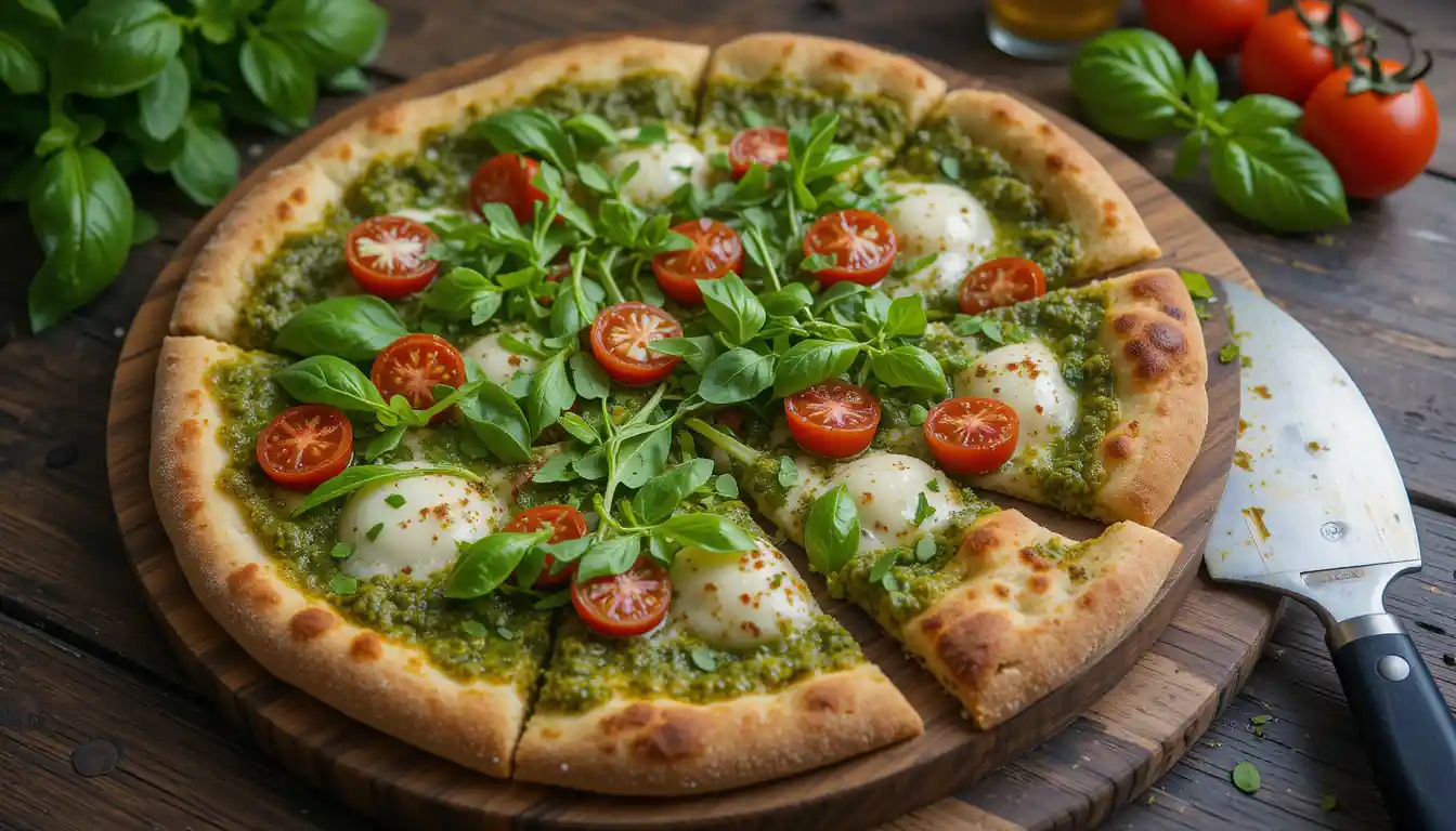 Freshly baked pesto pizza topped with mozzarella, tomatoes, and arugula